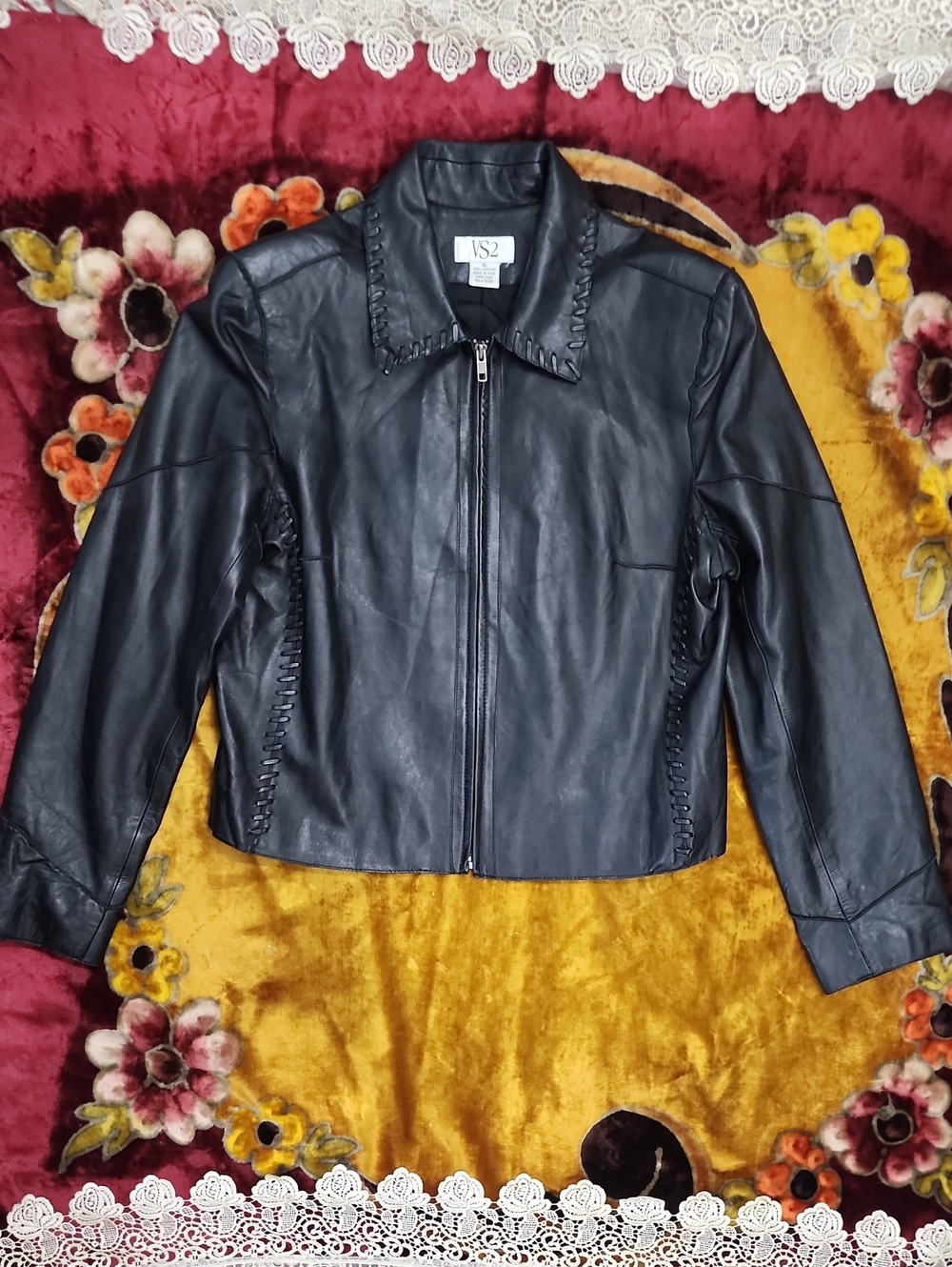 Vintage Y2k VS2 Black Leather Zip Jacket with Braided Trim